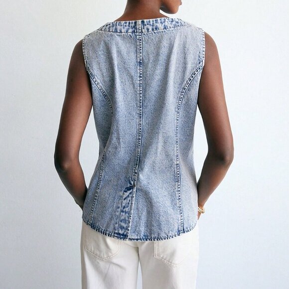 Light Wash Casual Women's Washed Floral Pattern Front Button Denim Vest - Picture 4 of 8